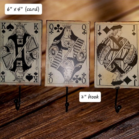 Set of 3 - Playing Card Tin Distressed-Look Metal Wall Hooks - King Queen Jack - Picture 1 of 6